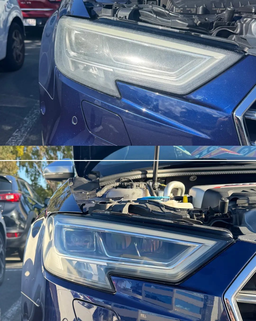 Audi headlight before and after restoration — hazy lens restored to crystal clear