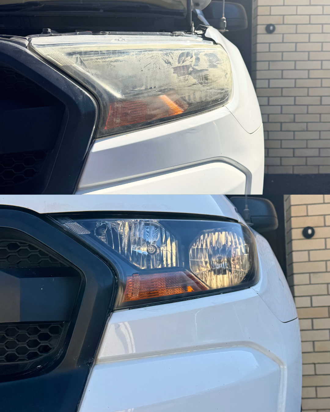 Ford Ranger headlight before and after restoration — heavy oxidation removed